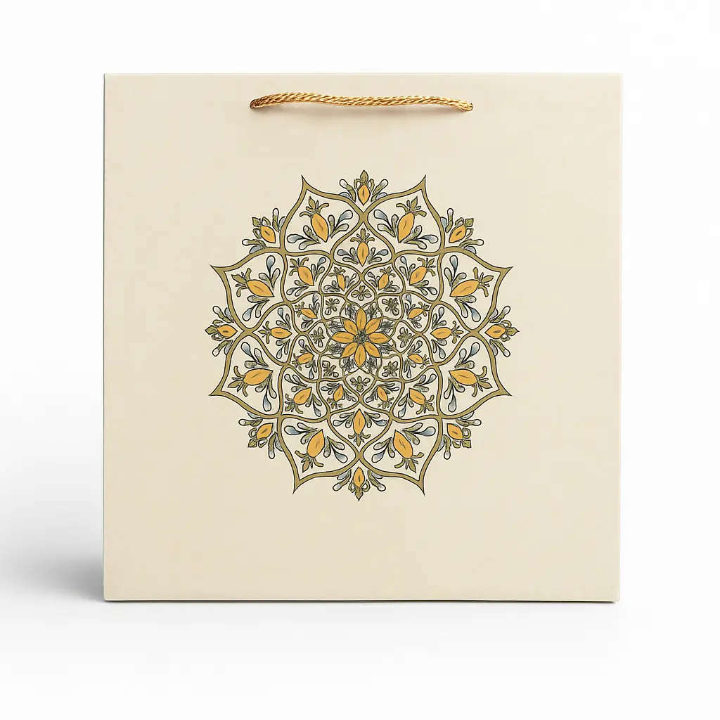 H04 01 (8"x8"x8") Cream Mandala Gift Bag | Perfect for Medium Items, Books, Accessories, Cosmetic Sets, Small Planters and Thoughtful Gifts