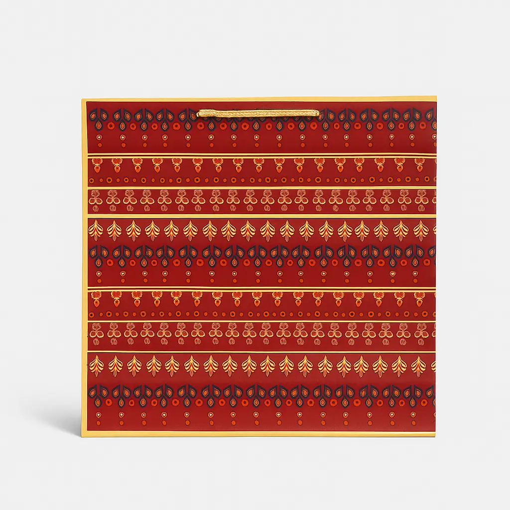 H06 01 (9"x9"x8.5") Red Ornate Patterned Gift Bag | Perfect for Medium-Sized Items, Books, Small Apparel, Sweets, Cosmetic Sets, and Special Event Giveaways