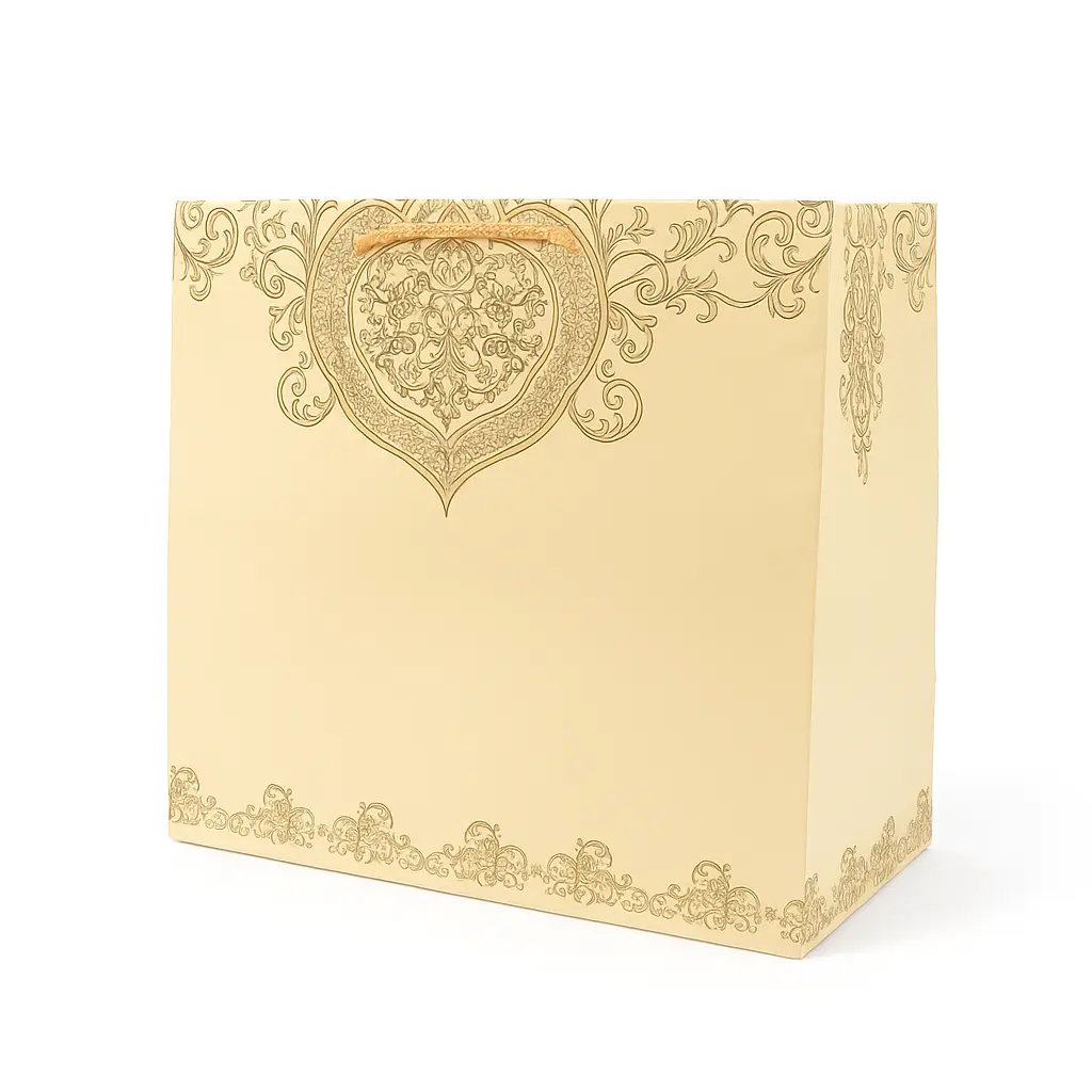 H06 02 (9"x9"x8.5") Cream Ornate Patterned Gift Bag | Perfect for Medium-Sized Items, Books, Small Apparel, Sweets, Cosmetic Sets, and Special Event Giveaways