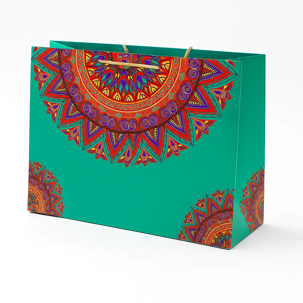 H14 01 (4"x14"x10") Teal Mandala Art Gift Bag Gift Bag | Ideal for Weddings, Anniversaries, Birthdays, Corporate Gifts, Cultural Events, Special Occasions, Product Packaging, Boutique Merchandise