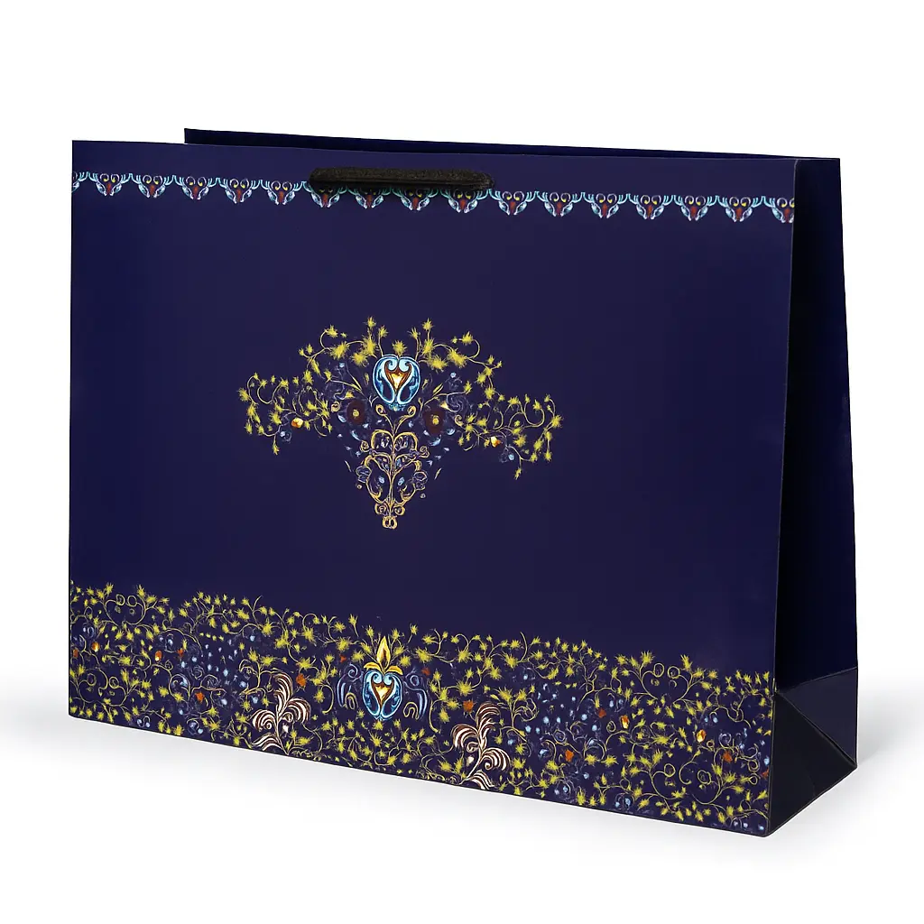 H14 02 (4"x14"x10")  Royal Navy & Gold Filigree Gift Bag | Ideal for Weddings, Anniversaries, Birthdays, Corporate Gifts, Cultural Events, Special Occasions, Product Packaging, Boutique Merchandise