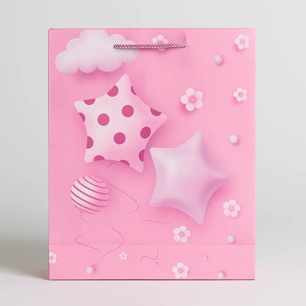 H26 21 (4"x11"x14") Pink Star & Balloon Theme Gift Bag | Perfect for  Baby Girl, Baby Shower, Newborn Gifts, Special Occasion Gifting