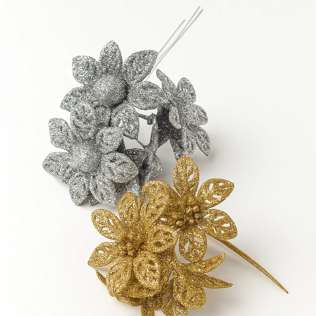Flower Multi Color(6*75) | Metallic Glitter Flower Picks | Sparkling Gold & Silver Floral Embellishments for Gift Hampers