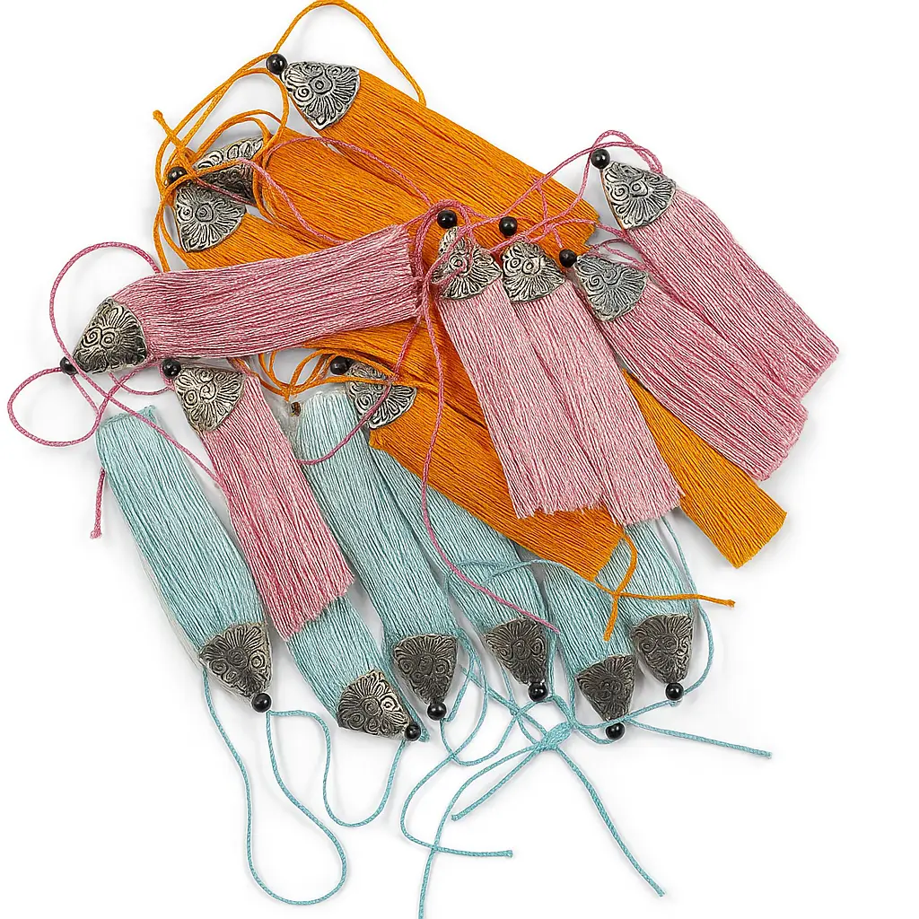TUSSELS (6*160) | Embossed Metal Cap Long Fringe Tassels | Ethnic Hanging Tussel Embellishments for Boxes & Trays