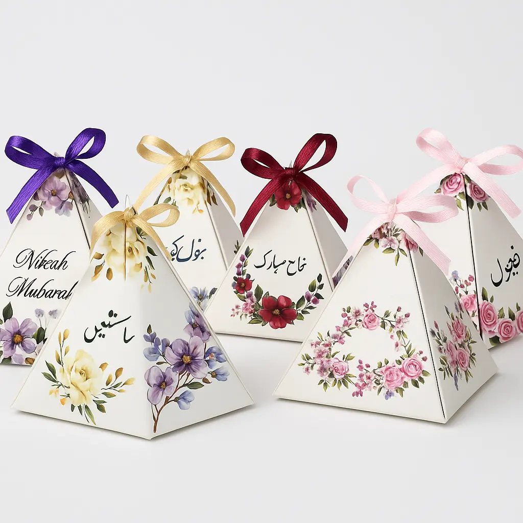 BID BOX(10X50) | Pyramid Floral Bid Favor Boxes with Bow | Nikkah & Wedding Sweet Treat Boxes