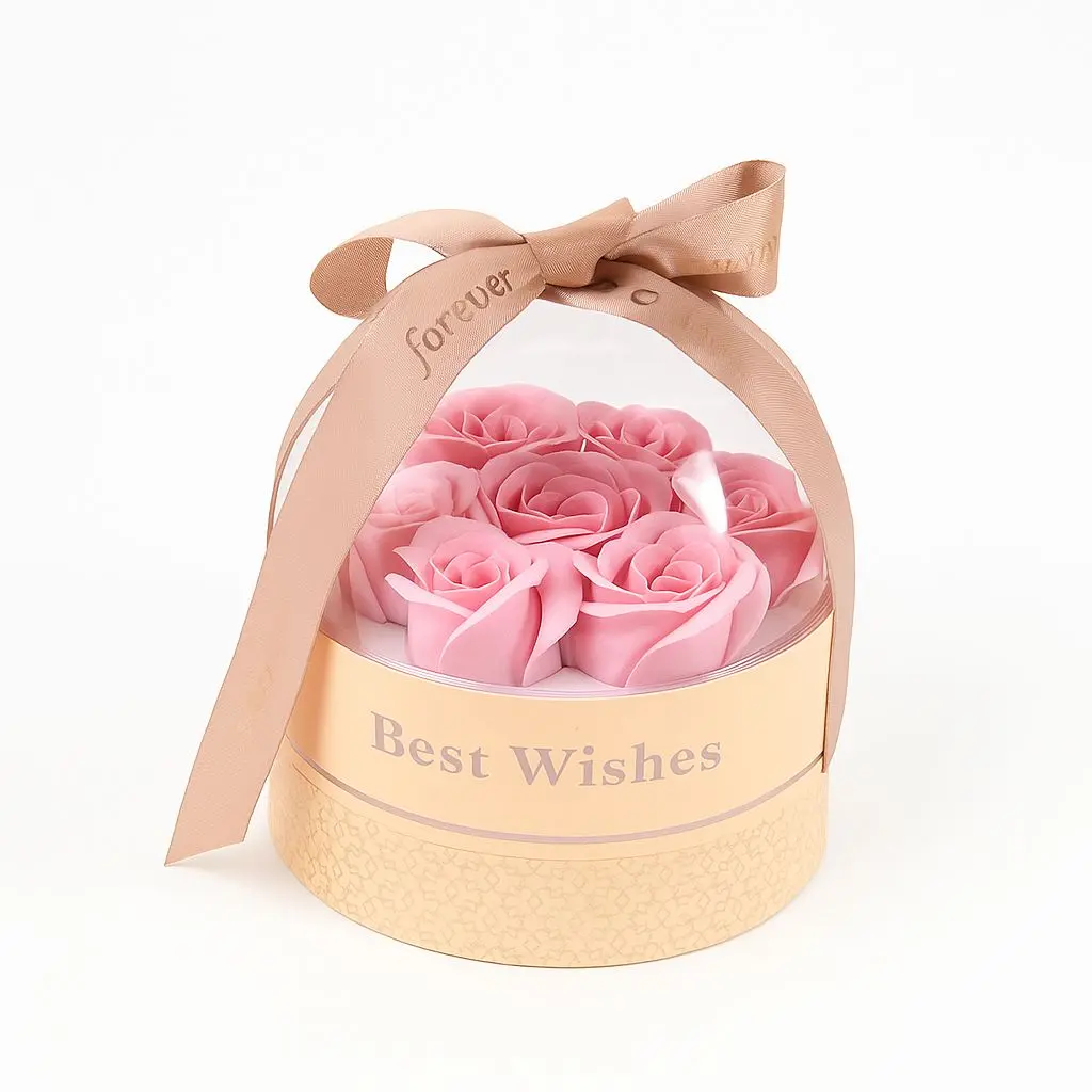 [BJ13ROUND04] BJ 13 ROUND 04 | Pastel Floral Bouquet Display Box with Clear Dome & Ribbon Handle