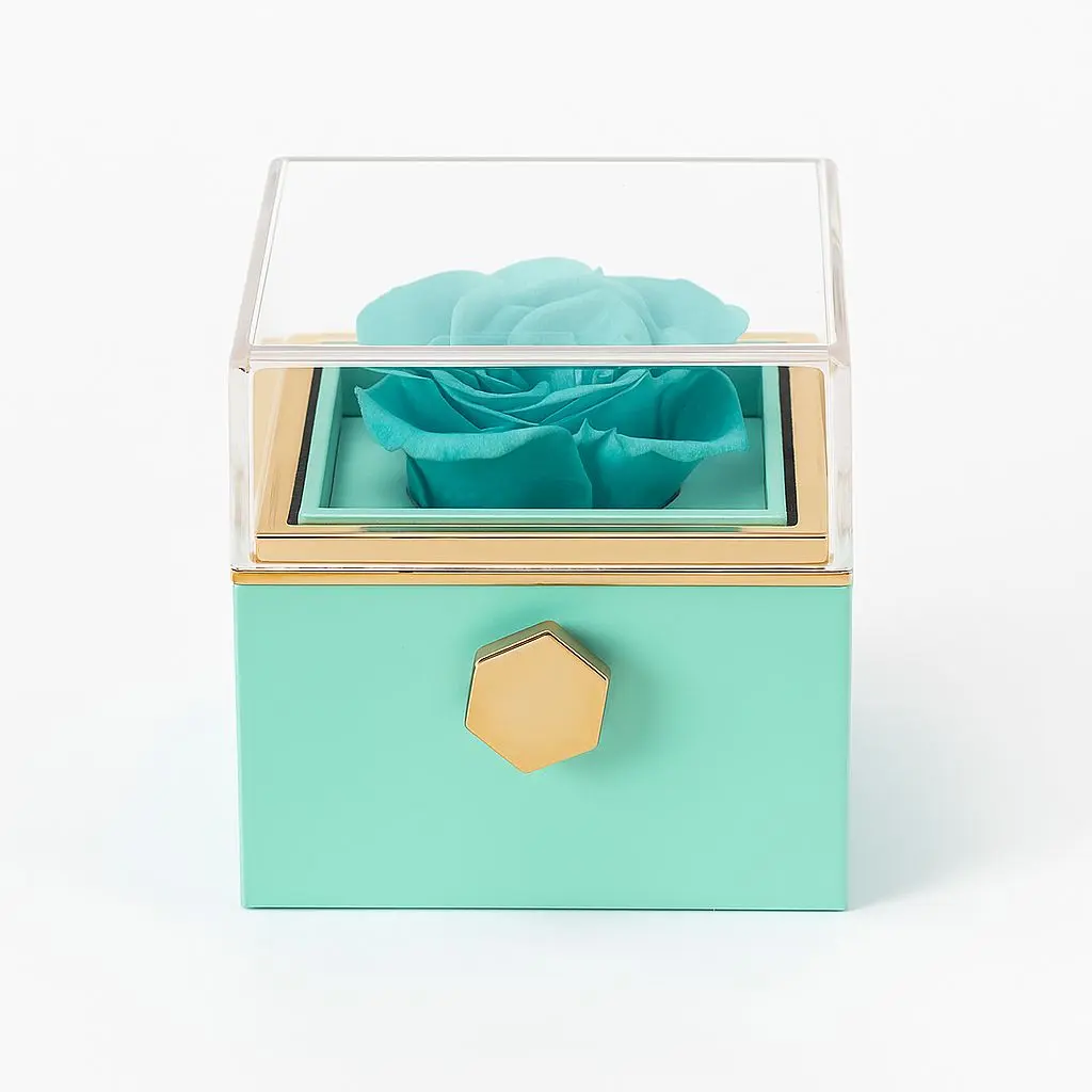 [BJ12GREEN02] BJ 12 GREEN | Mint Eternal Rose Jewelry Box with Clear Acrylic Display & Pull Drawer