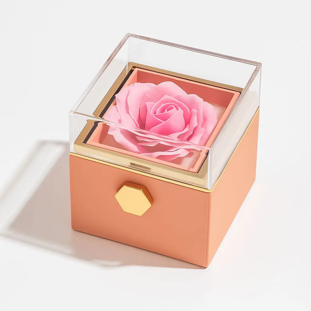 [BJ12PINK003] BJ 12 PINK | Pink Blossom Eternal Rose Jewelry Gift Box with Clear Acrylic Display & Pull Drawer