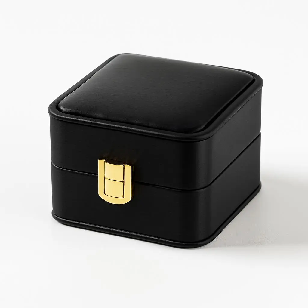 [BJ11BLACK03] BJ 11 BLACK | Luxury Black Faux Leather Ring Box with Gold Latch Clasp