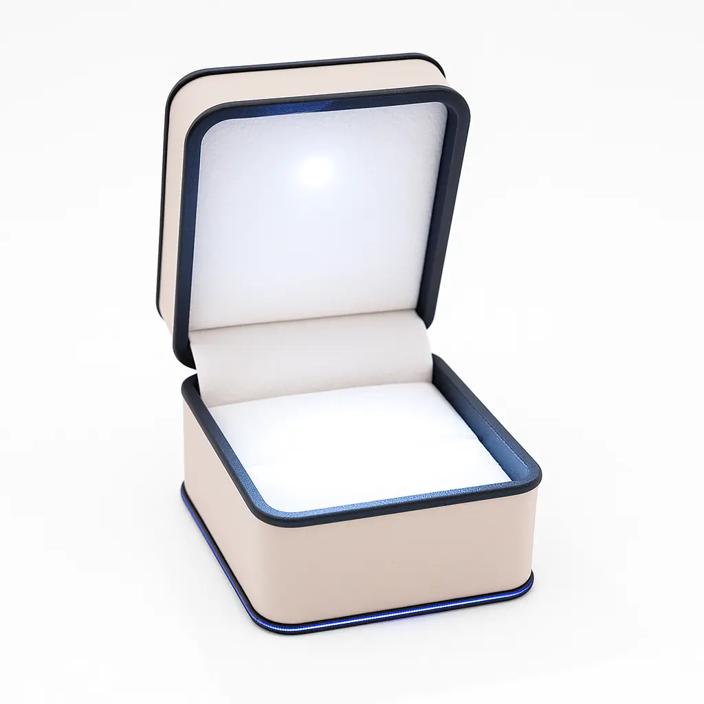 [BJ09LBOX001] BJ 09 LBOX | Luxury Cream LED Light-Up Ring Box with Contrast Trim Accent