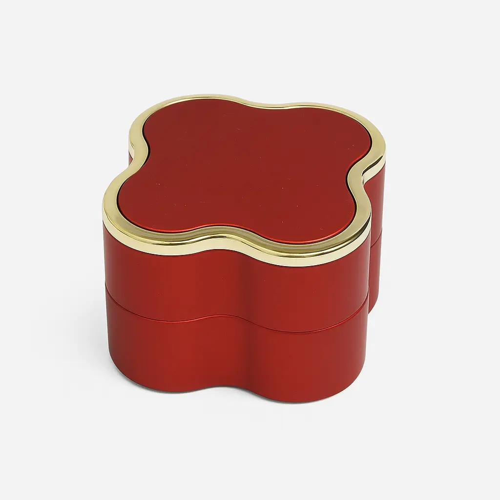 [BJ04RED0003] BJ 04 RED | Luxury Crimson Red Clover-Shaped Ring Box with Gold Rim Accent