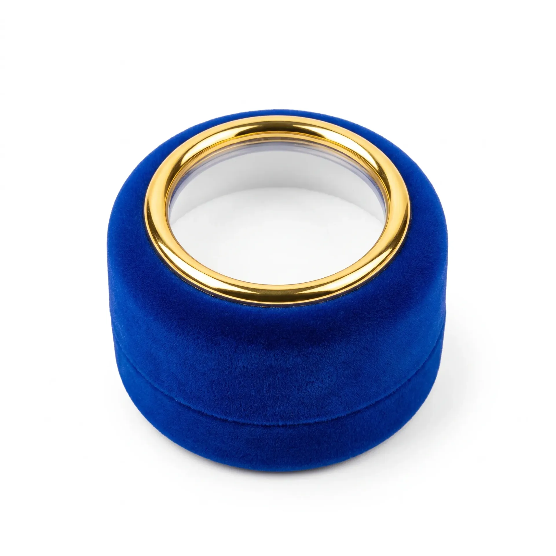 [BJ03BLUE001] BJ 03 BLUE | Luxury Royal Blue Round Velvet Ring Box with Gold Rim Accent