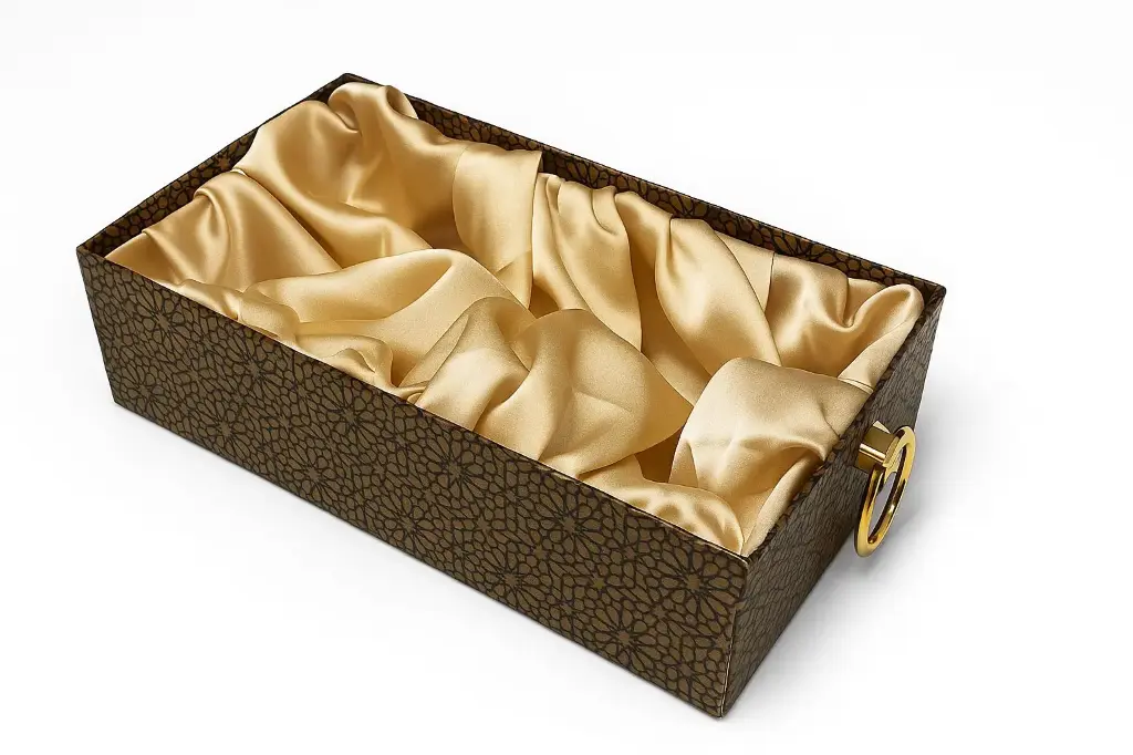 [K2404GBLACK] K24 04 (8"x12"x2.5") Luxury Gold Black Display Tray | Empty Silk-Lined Basket | Gold Metal Accent | Wedding, Engagement, Corporate Gifting, Luxury Product Display