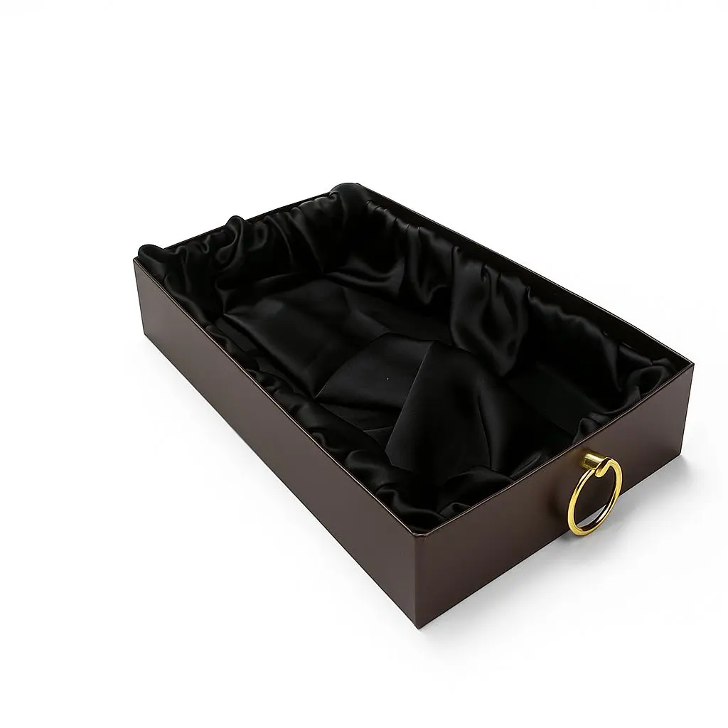 K24 02 (8"x12"x2.5") Luxury Dark Brown Display Tray | Empty Silk-Lined Basket | Gold Metal Accent | Wedding, Engagement, Corporate Gifting, Luxury Product Display