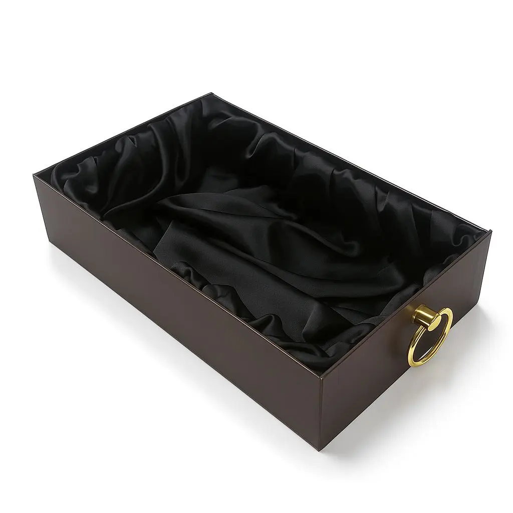 [K2502DBROWN] K25 02 (9"x14"x2.5") Luxury Dark Brown Display Tray | Empty Silk-Lined Basket | Gold Metal Accent | Wedding, Engagement, Corporate Gifting, Luxury Product Display