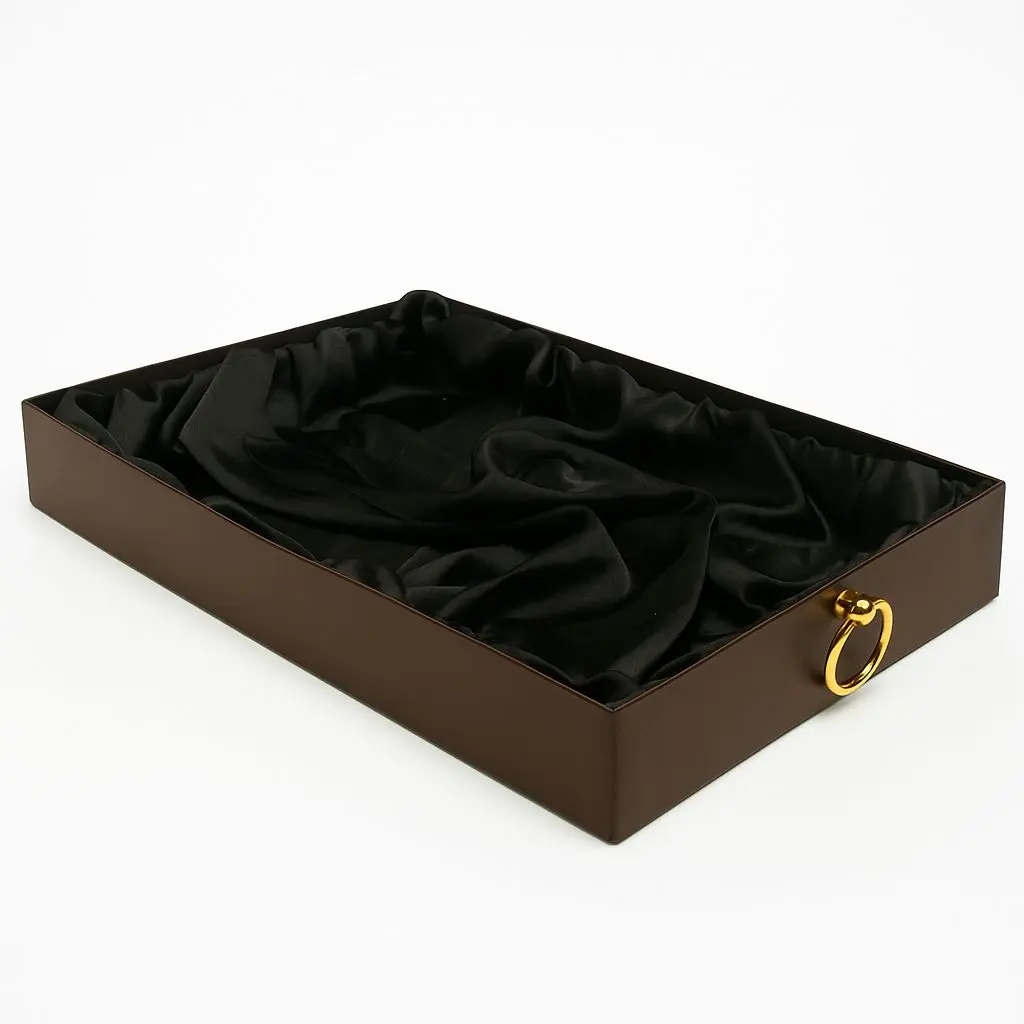 K26 02 (11"x17"x2.5") Luxury Dark Brown Display Tray | Empty Silk-Lined Basket | Gold Metal Accent | Wedding, Engagement, Corporate Gifting, Luxury Product Display
