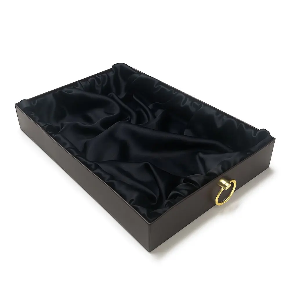 K27 02 (13"x19"x2.5") Luxury Dark Brown Display Tray | Empty Silk-Lined Basket | Gold Metal Accent | Wedding, Engagement, Corporate Gifting, Luxury Product Display