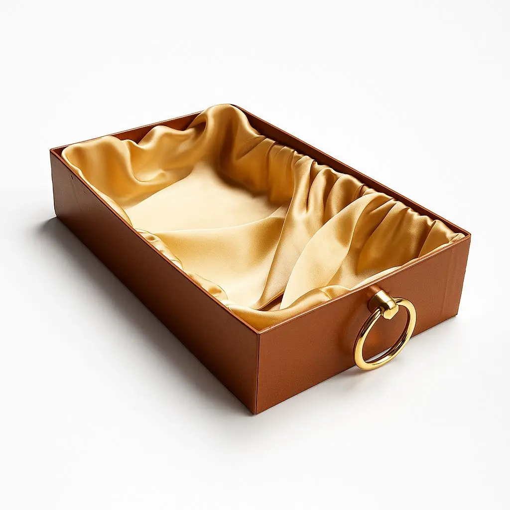 [K2305LBROWN] K23 05 (6"x10"x2.5") Luxury Brown Display Tray | Empty Silk-Lined Basket | Gold Metal Accent | Wedding, Engagement, Corporate Gifting, Luxury Product Display