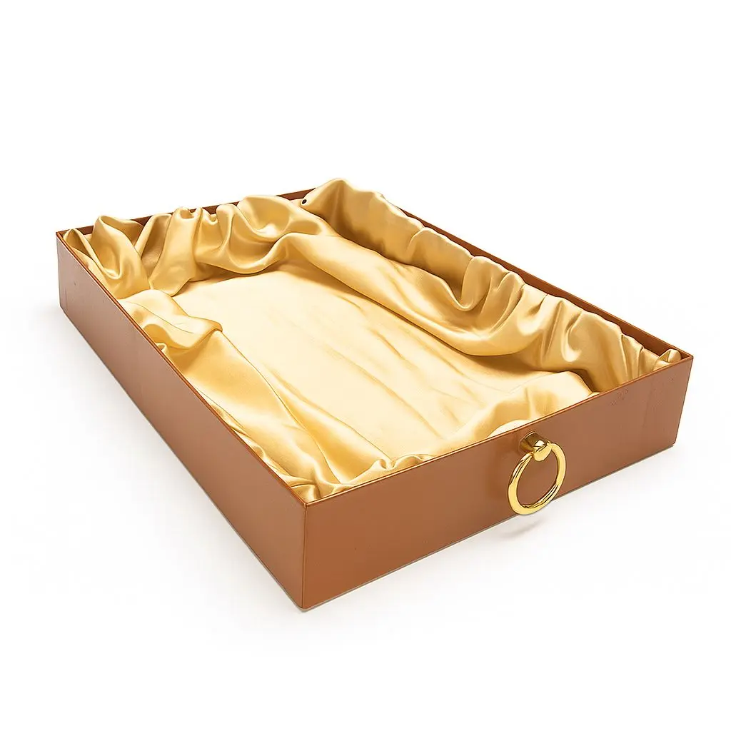 K27 05 (13"x19"x2.5") Luxury Brown Display Tray | Empty Silk-Lined Basket | Gold Metal Accent | Wedding, Engagement, Corporate Gifting, Luxury Product Display