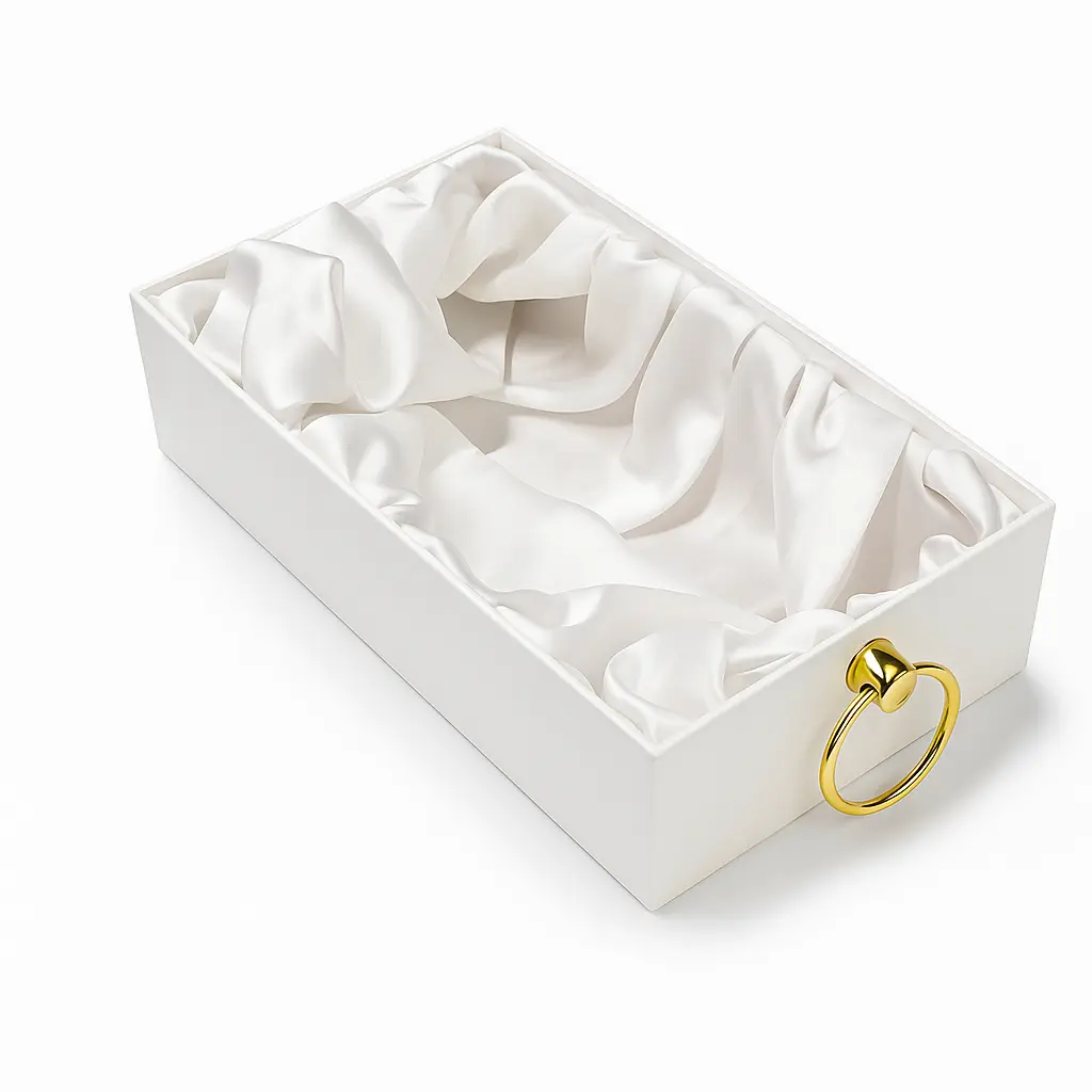 K23 01 (6"x10"x2.5") Luxury White Display Tray | Empty Silk-Lined Basket | Gold Metal Accent | Wedding, Engagement, Corporate Gifting, Luxury Product Display