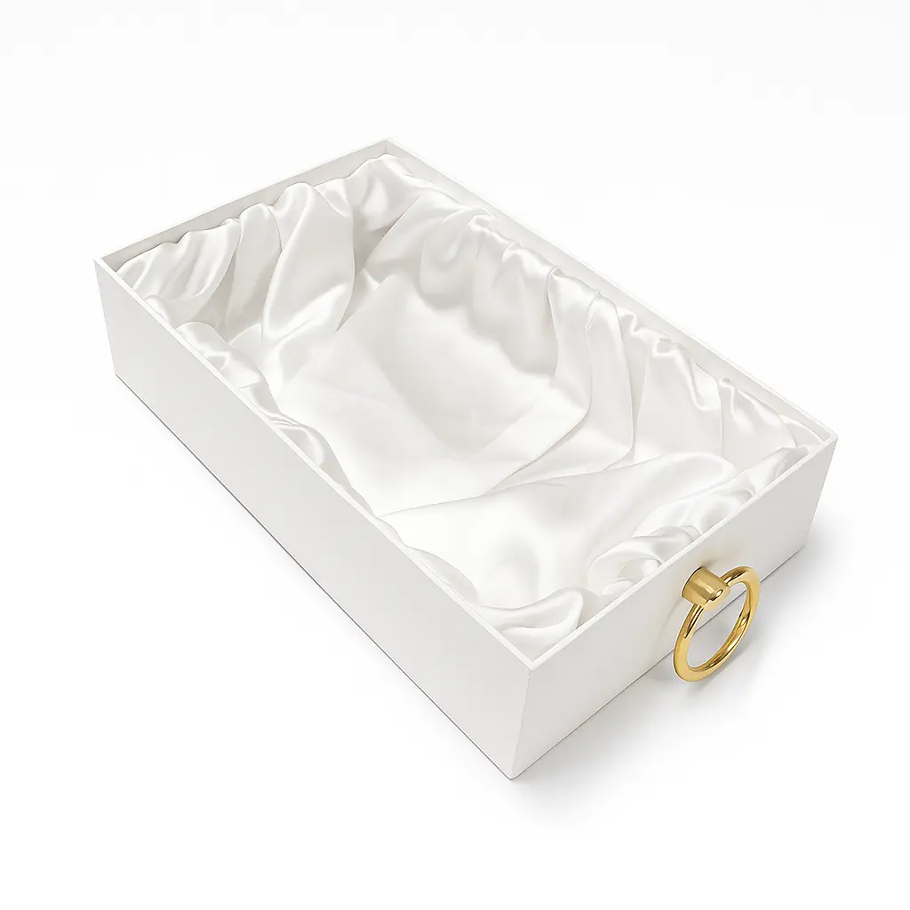 K24 01 (8"x12"x2.5") Luxury White Display Tray | Empty Silk-Lined Basket | Gold Metal Accent | Wedding, Engagement, Corporate Gifting, Luxury Product Display