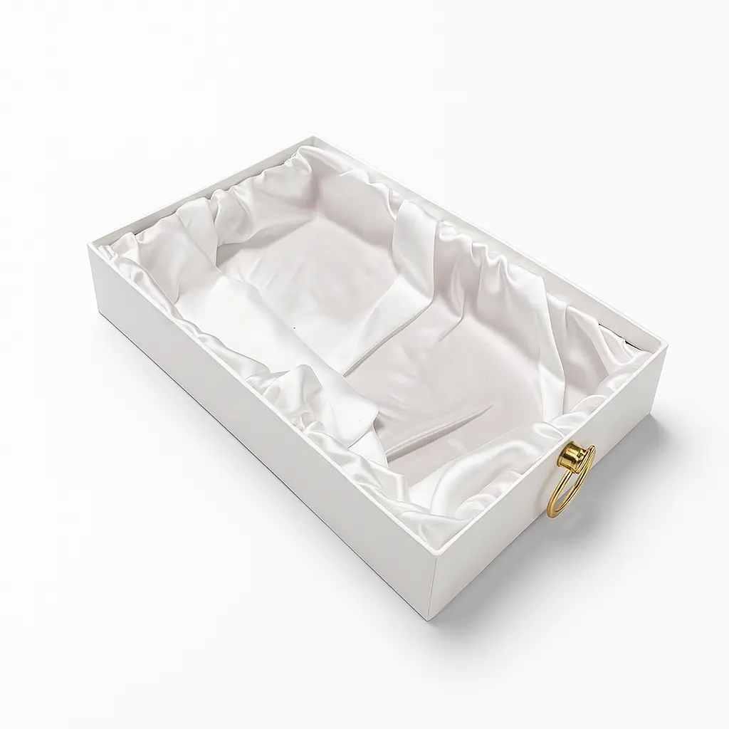K25 01 (9"x14"x2.5") Luxury White Display Tray | Empty Silk-Lined Basket | Gold Metal Accent | Wedding, Engagement, Corporate Gifting, Luxury Product Display