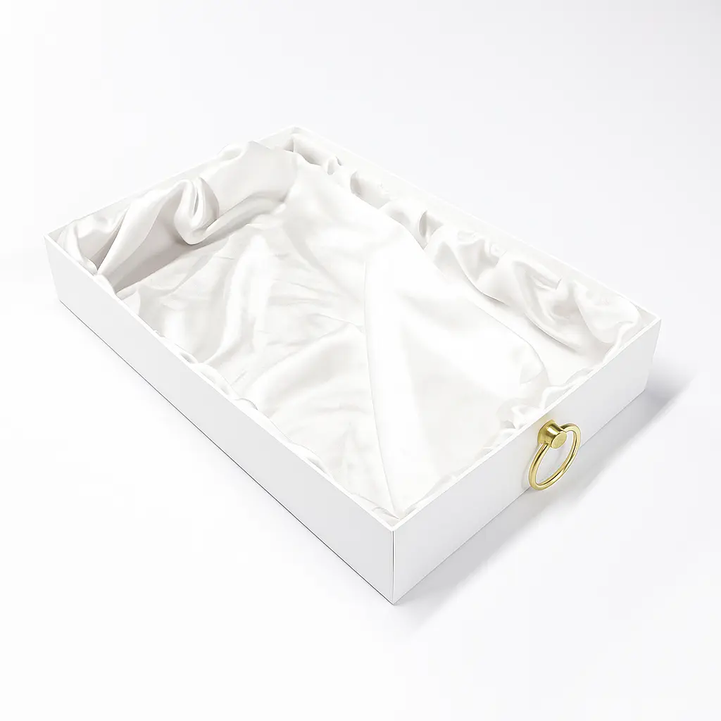K26 01 (11"x17"x2.5") Luxury White Display Tray | Empty Silk-Lined Basket | Gold Metal Accent | Wedding, Engagement, Corporate Gifting, Luxury Product Display
