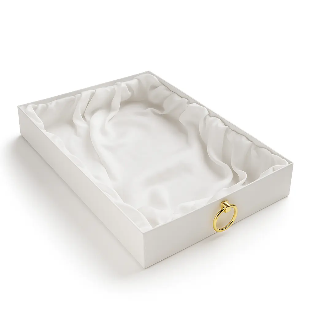 K27 01 (13"x19"x2.5") Luxury White Display Tray | Empty Silk-Lined Basket | Gold Metal Accent | Wedding, Engagement, Corporate Gifting, Luxury Product Display