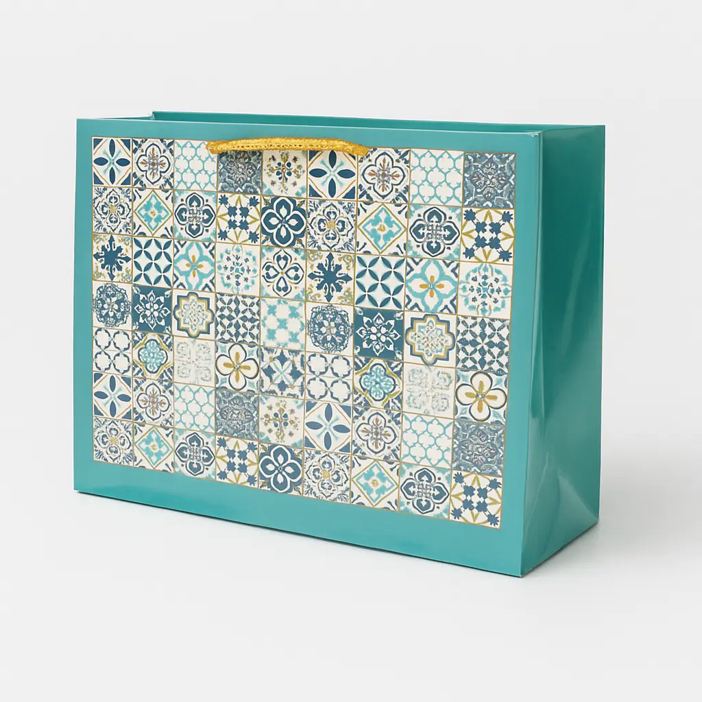H05 10 (6.5"x9.5"x7.5") Teal Mosaic Tile Patterned Gift Bag | Perfect for Books, Small Apparel, Cosmetic Sets, Event Favors, and Thoughtful Presents 