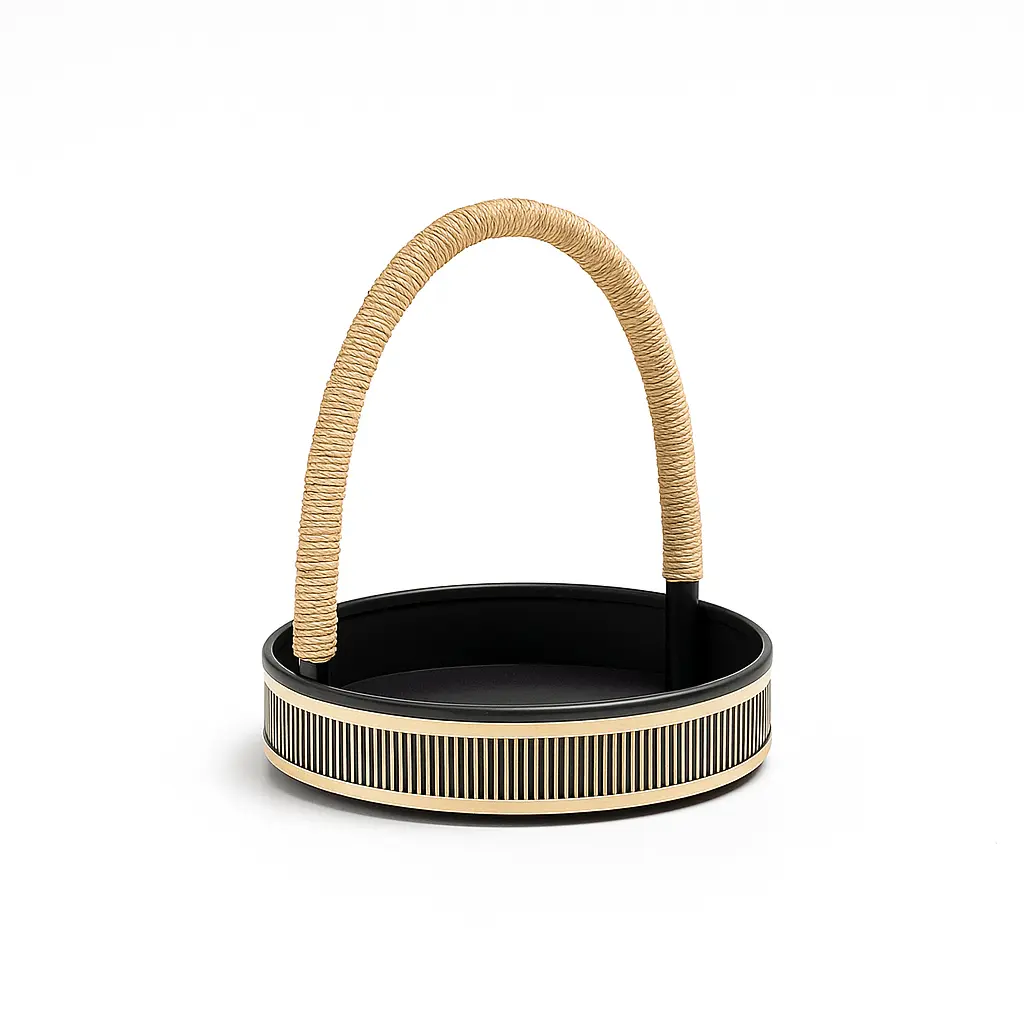K20 02 (13"X13"X3") Black & Gold Round Gift Basket | Wedding, Engagement, Corporate Gifting, Luxury Product Display