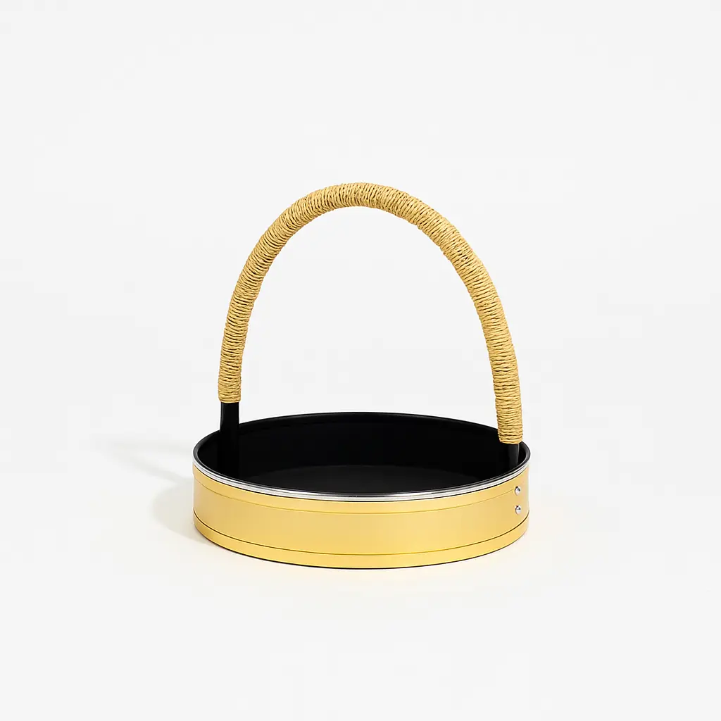 K20 03 (13"X13"X3") Luxury Metallic Gold Round Gift Basket | Wedding, Engagement, Corporate Gifting, Luxury Product Display