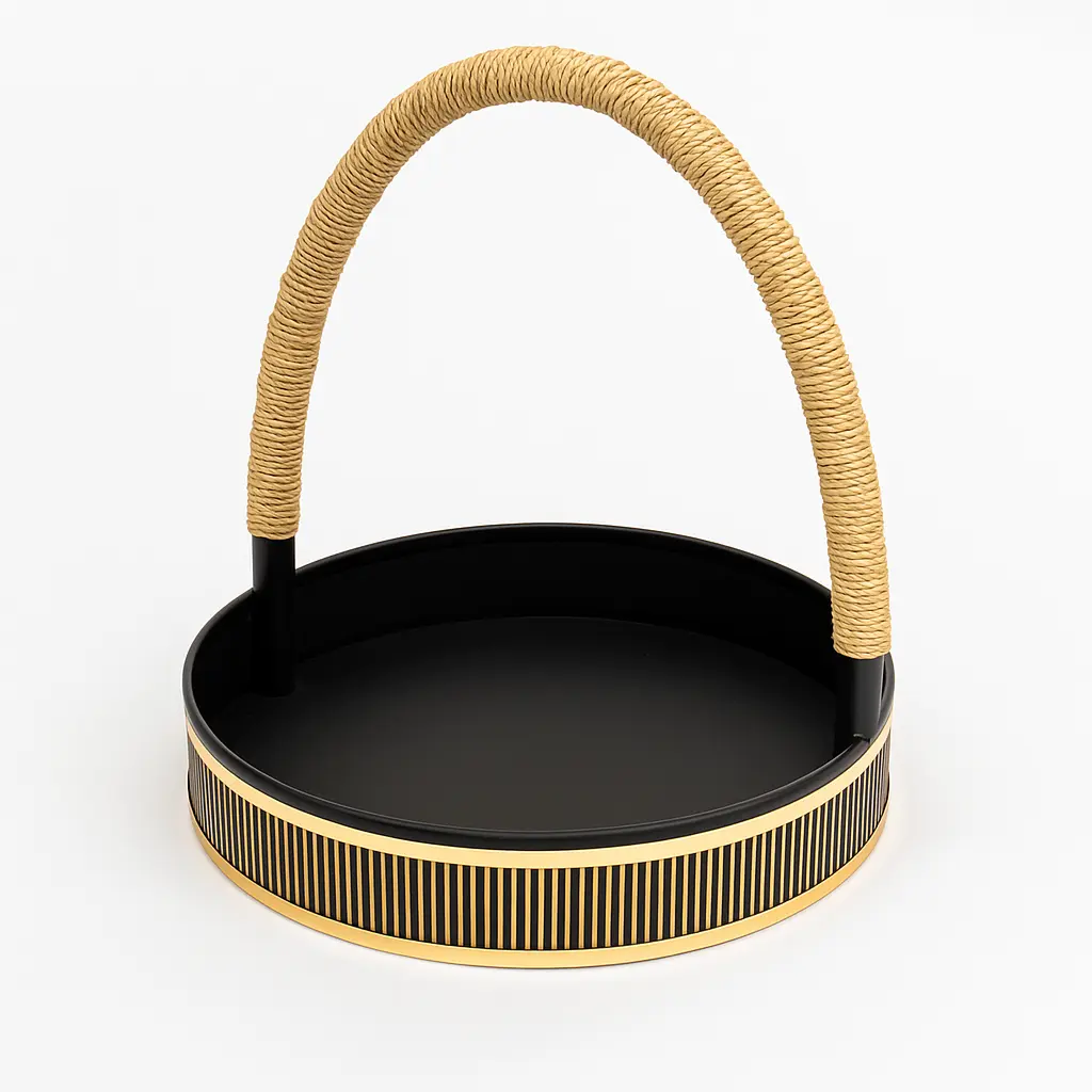 K22 02 (14.6"X14.6"X3") Black & Gold Round Gift Basket | Wedding, Engagement, Corporate Gifting, Luxury Product Display