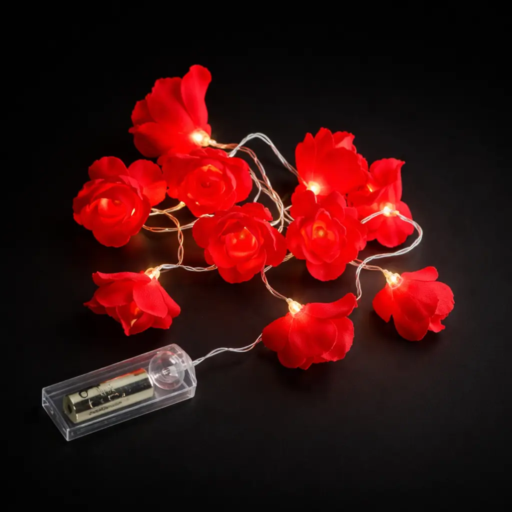 LED02 RED FLR | Vibrant Red Rose Blossom LED String Lights | Decorative Fairy Lights for Weddings, Proposals & Celebration Gifts