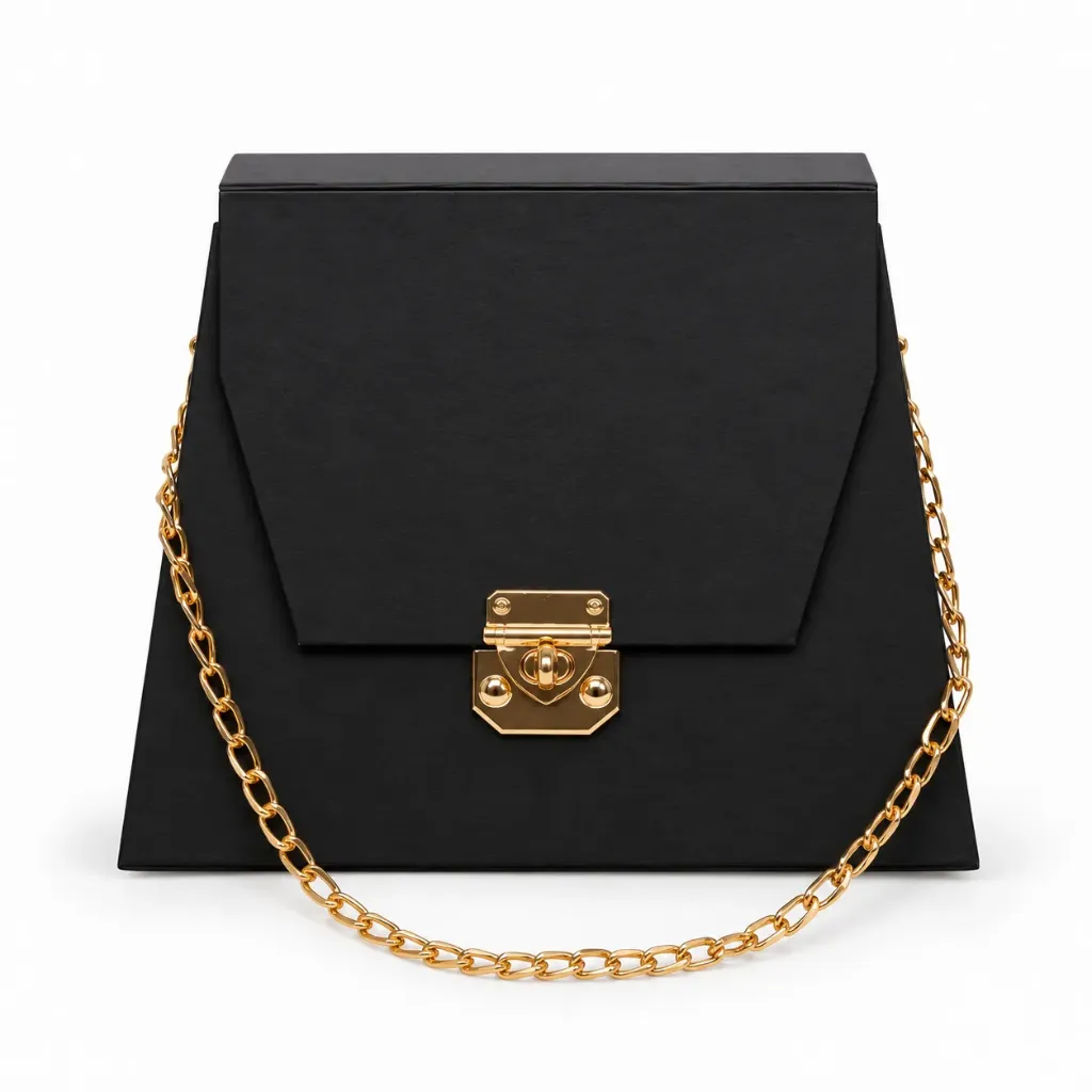 [B19SBLACK00] B19SBLACK00 (9''x7''x4'') Matte Black Purse Shaped Gift Box with Gold Clasp & Chain Handle