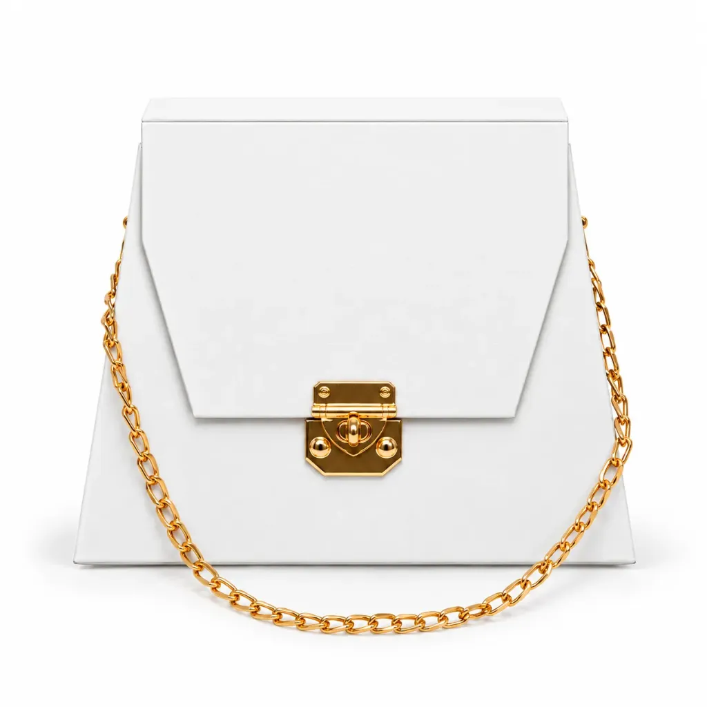 [B19SWHITE00] B19SWHITE00 (9''x7''x4'') White Purse Shaped Gift Box with Gold Clasp & Chain Handle