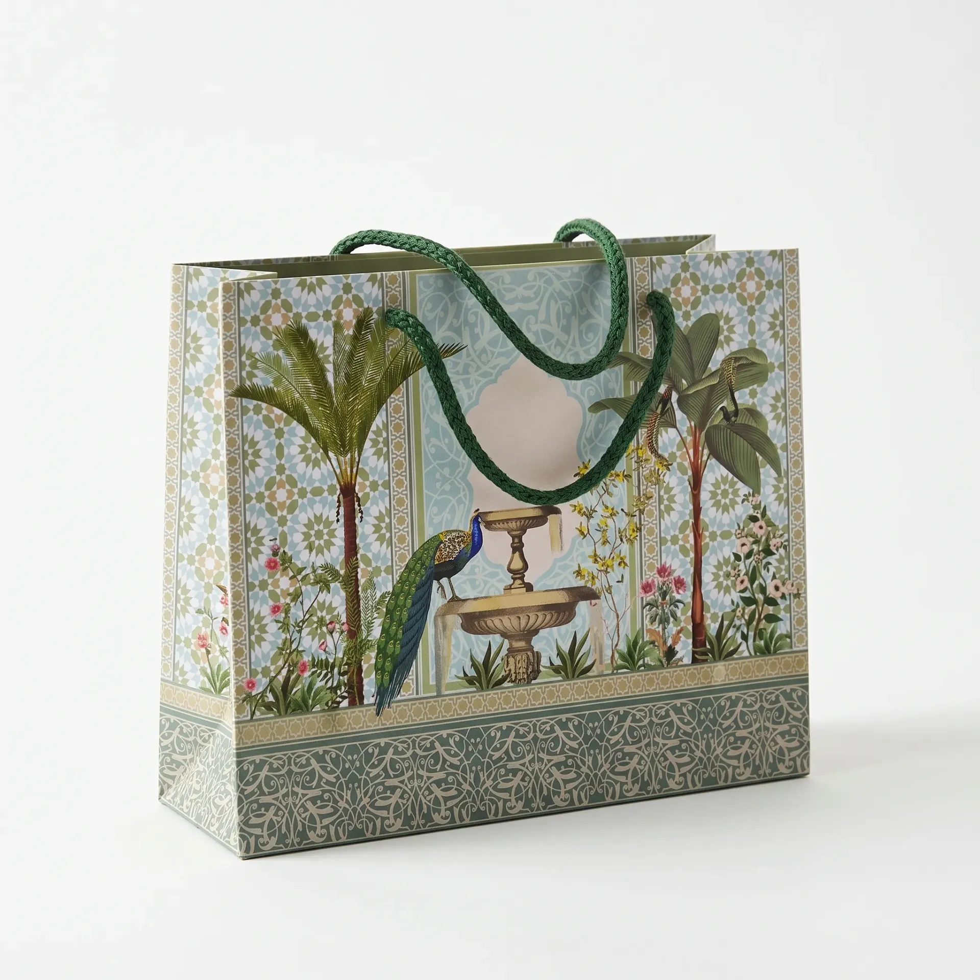 H30 01 (2"x7"x5") Luxury Mughal Garden Printed Gift Bag | Paper Bag with Twisted Rope Handles for Favors, Small Gifts & Festive Celebrations
