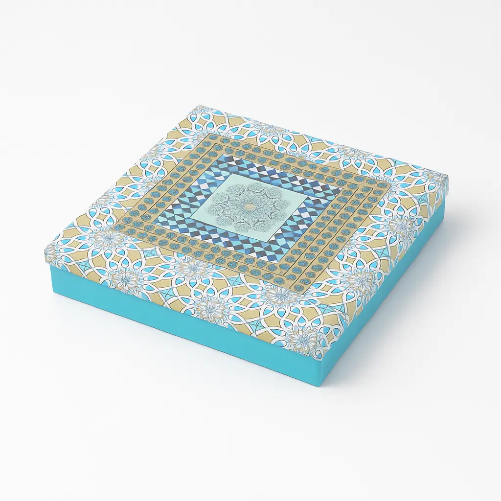 B34 01  (11"x11"x2") Teal/Gold Geometric Pattern Gift Box | Birthday Gift Box | Cultural Gift Box | Eidi Box