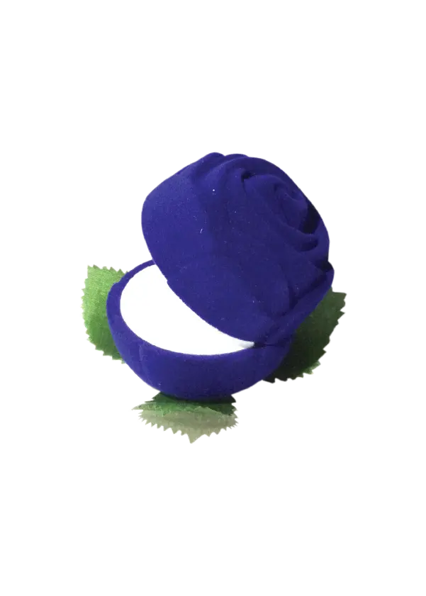 BJ10 BLUE | Royal Blue Blooming Rose Pop-Up Ring Box with Green Leaves