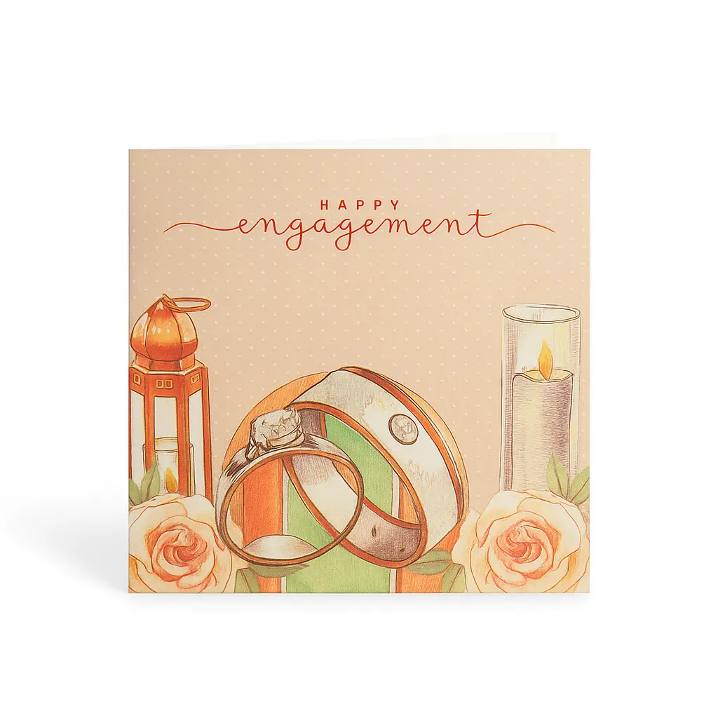 C03 09 | "Happy Engagement" Illustrated Greeting Card | Traditional Rings & Floral Congratulatory Card