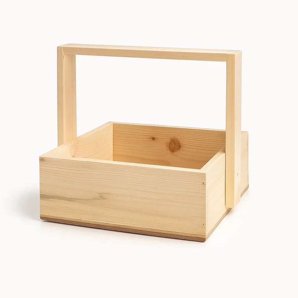 K01 02 (8.5"X8.5"X3") Square Natural Wooden Gift Basket with Handle | Ideal Empty Hamper for Weddings, Anniversaries, Festive Occasions, Luxury Products, Corporate Events, Product Display