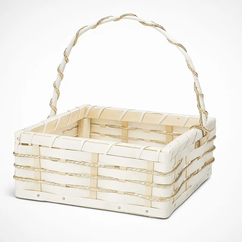 K02 04 (10"X10"X3") White Woven Cane Gift Basket with Gold Accents | Ideal Empty Hamper for Weddings, Anniversaries, Festive Occasions, Luxury Gifts, Bridal Showers, Small Favors, Product Display