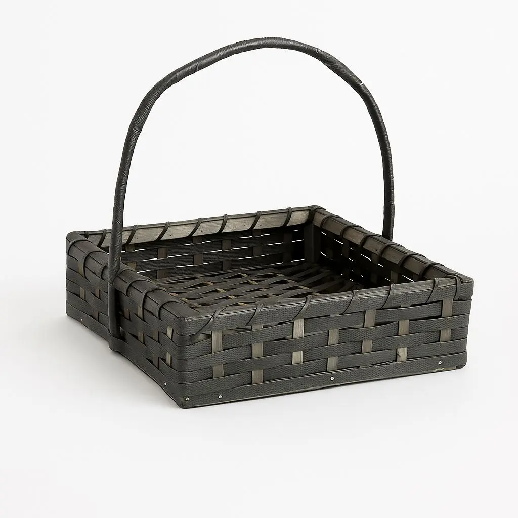 [K0303CANE00] K03 03 (12"X12"X3") Dark Grey Woven Cane Gift Basket with Handle | Ideal Empty Hamper for Weddings, Anniversaries, Festive Occasions, Luxury Gifts, Bridal Showers, Small Favors, Product Display