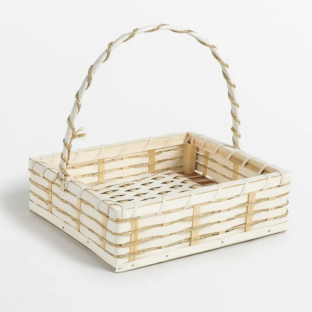 K03 04 (12"X12"X3") White Woven Cane Gift Basket with Gold Accents | Ideal Empty Hamper for Weddings, Anniversaries, Festive Occasions, Luxury Gifts, Bridal Showers, Small Favors, Product Display