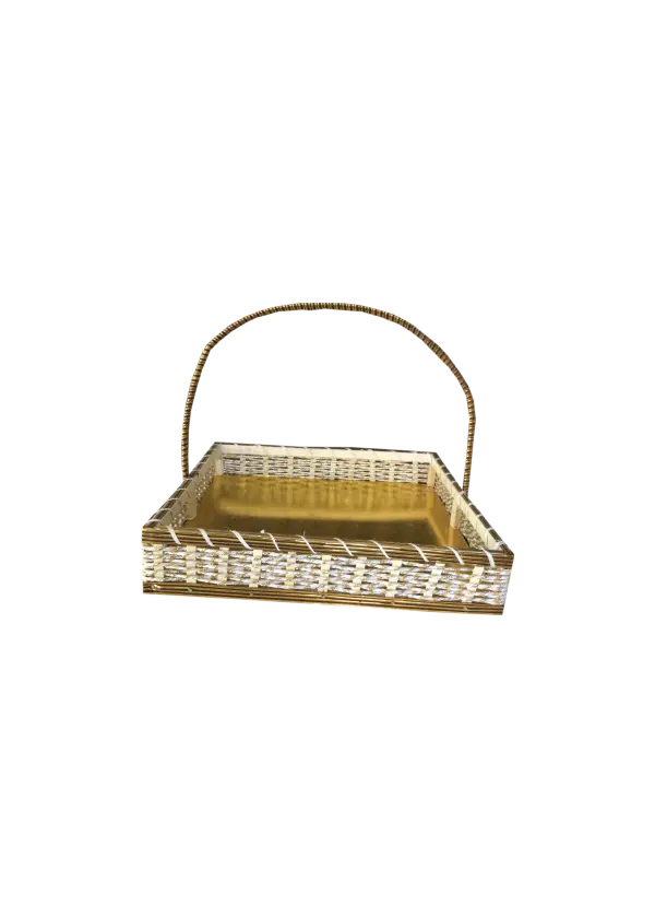 K03 05 (12"X12"X3") Two-Tone Woven Gift Basket with Gold Base | Ideal Empty Hamper for Weddings, Anniversaries, Festive Occasions, Luxury Products, Corporate Events, Product Display