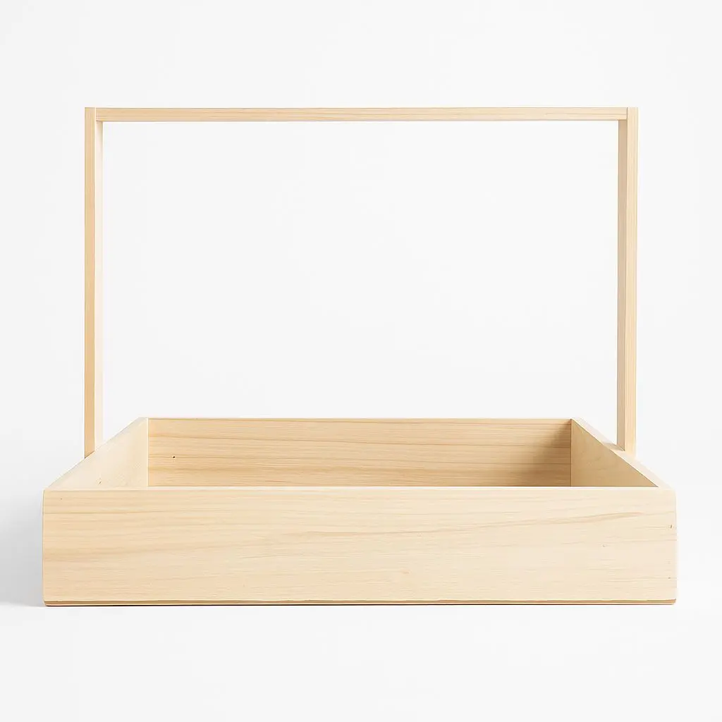 K04 02 (14'"X14"X3") Square Natural Wooden Gift Basket with Handle | Ideal Empty Hamper for Weddings, Anniversaries, Festive Occasions, Luxury Products, Corporate Events, Product Display