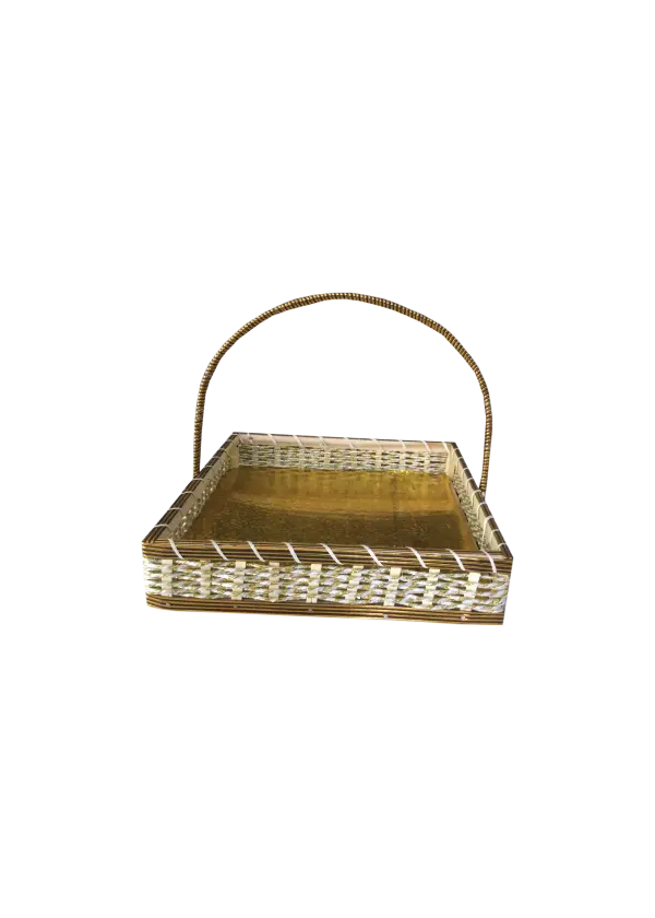 K04 05 (14'"X14"X3") Two-Tone Woven Gift Basket with Gold Base | Ideal Empty Hamper for Weddings, Anniversaries, Festive Occasions, Luxury Products, Corporate Events, Product Display