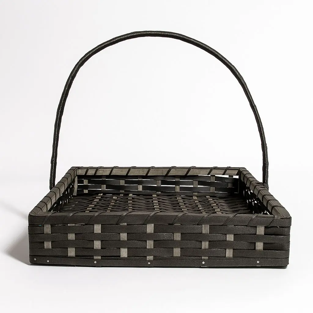 [K0503CANE00] K05 03 (16"X16"X3") Dark Grey Woven Cane Gift Basket with Handle | Ideal Empty Hamper for Weddings, Anniversaries, Festive Occasions, Luxury Gifts, Bridal Showers, Small Favors, Product Display