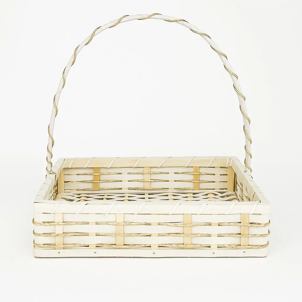 K05 04 (16"X16"X3") White Woven Cane Gift Basket with Gold Accents | Ideal Empty Hamper for Weddings, Anniversaries, Festive Occasions, Luxury Gifts, Bridal Showers, Small Favors, Product Display