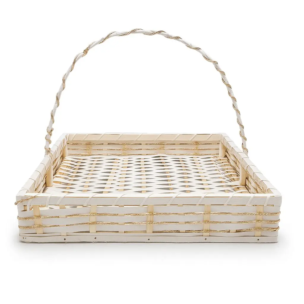[K0604CANE00] K06 04 (18"X18"X3") White Woven Cane Gift Basket with Gold Accents | Ideal Empty Hamper for Weddings, Anniversaries, Festive Occasions, Luxury Gifts, Bridal Showers, Small Favors, Product Display