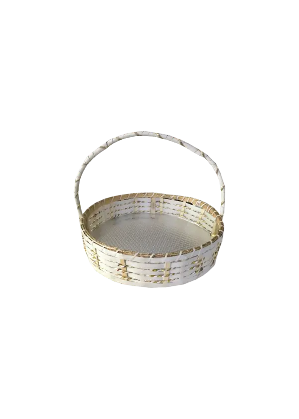 [K1406CANERO] K14 06 (14"X14"X3") Elegant White & Gold Woven Cane Gift Basket | Ideal Empty Hamper for  Grand Celebrations, Weddings, Anniversaries, Festive Occasions, Luxury Products, Corporate Events, Product Display